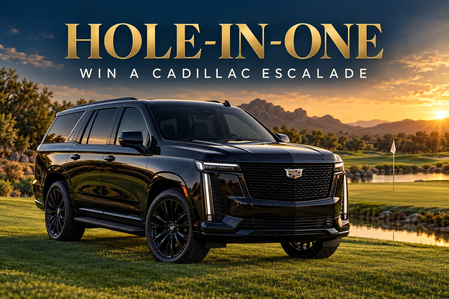 Blacked-out Cadillac Escalade on a golf course. Hole-in-one: win a Cadillac Escalade.
